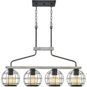 Wholesale - Wellington 34" 4-Light Farmhouse Island Light + Round Cage Shades, Light Cedar Wood Style + Textured Black Finish, UPC: 810018523657